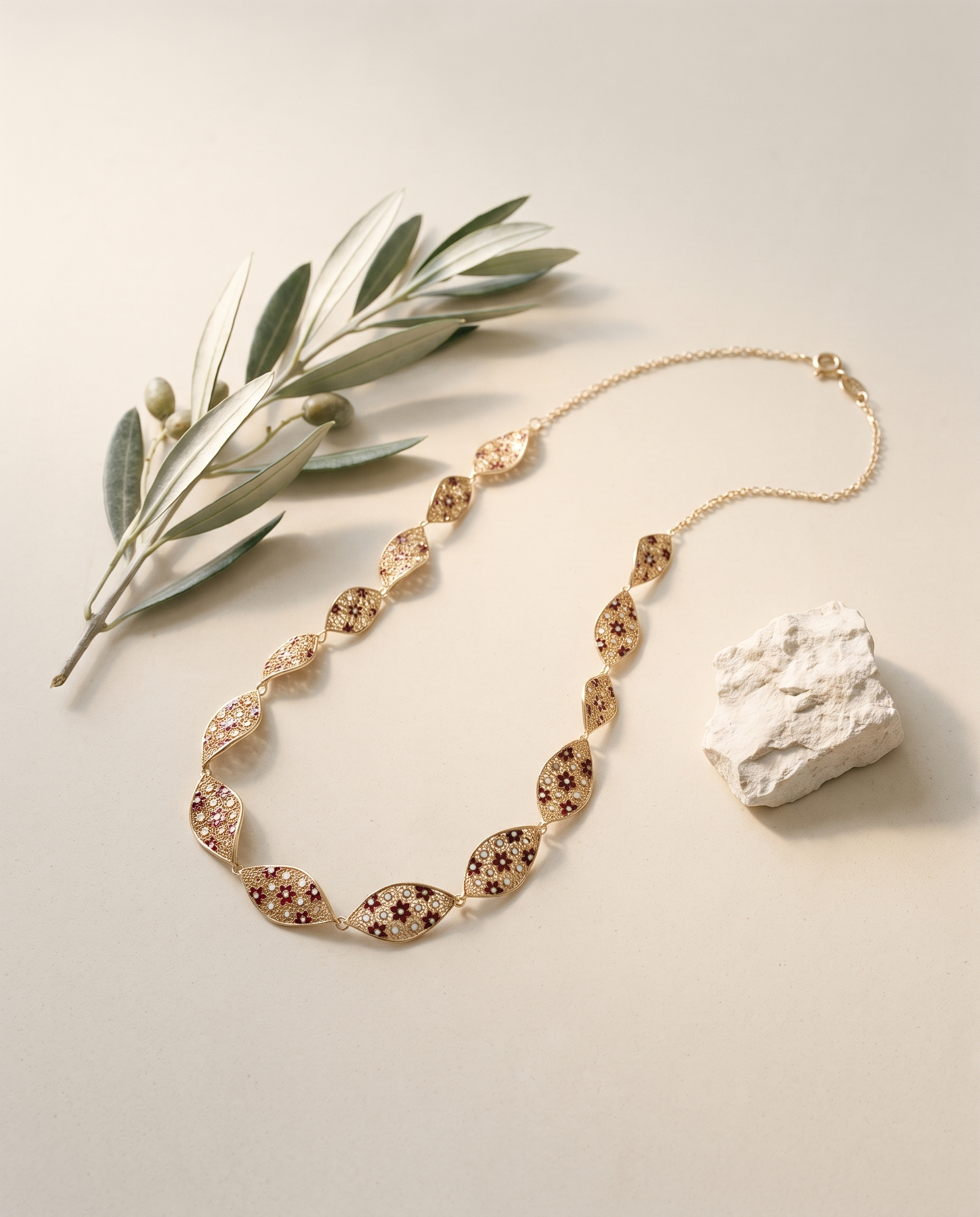 Collana Foulard — still life con ulivo
