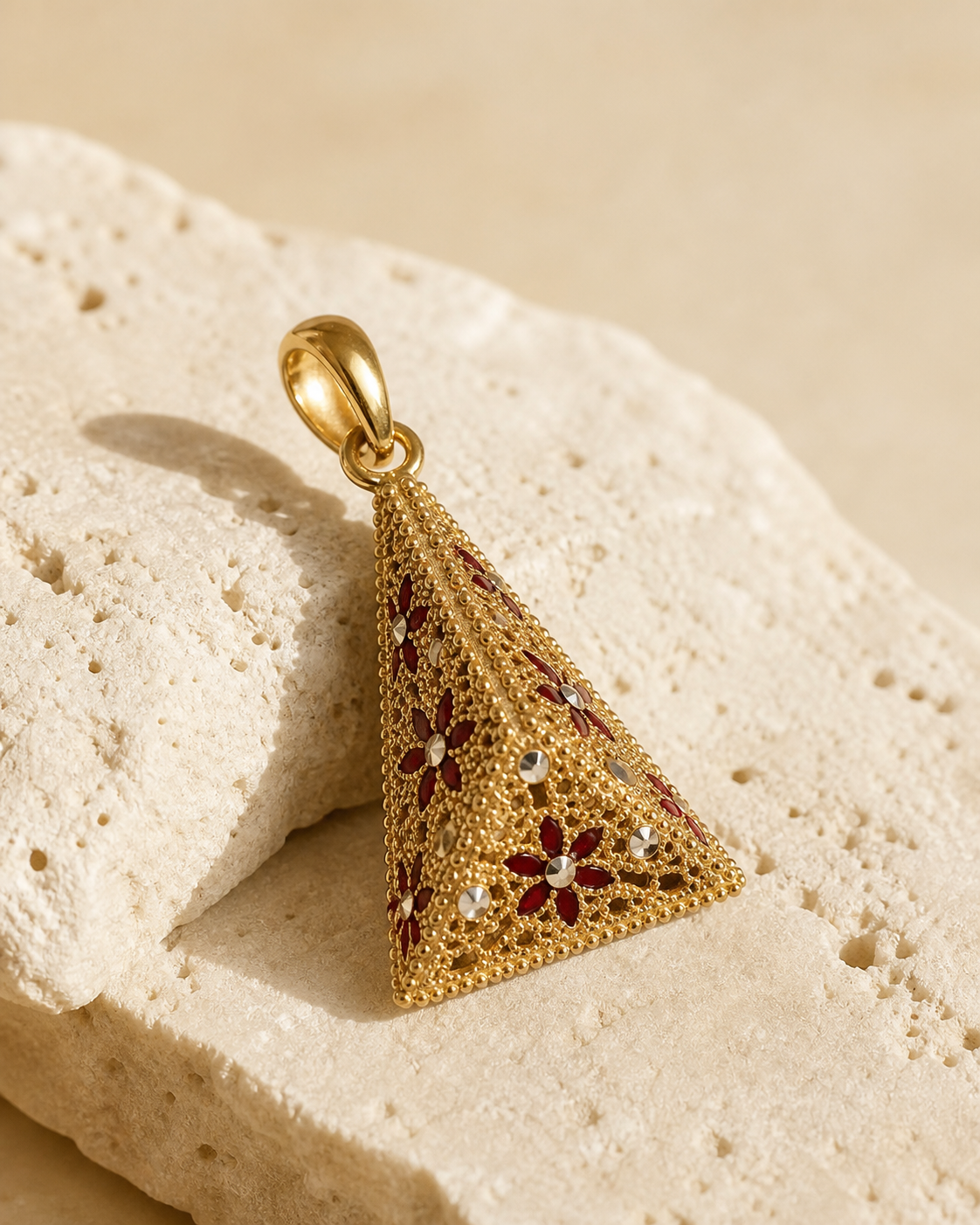 Pendente Prisma oro rosso — dettaglio filigrana e smalto