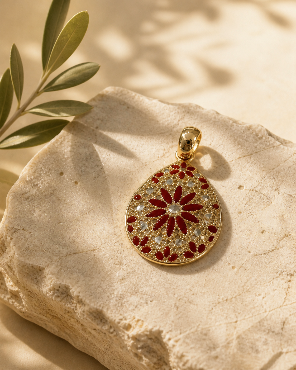Pendente Rose Window rosso con ramo di ulivo