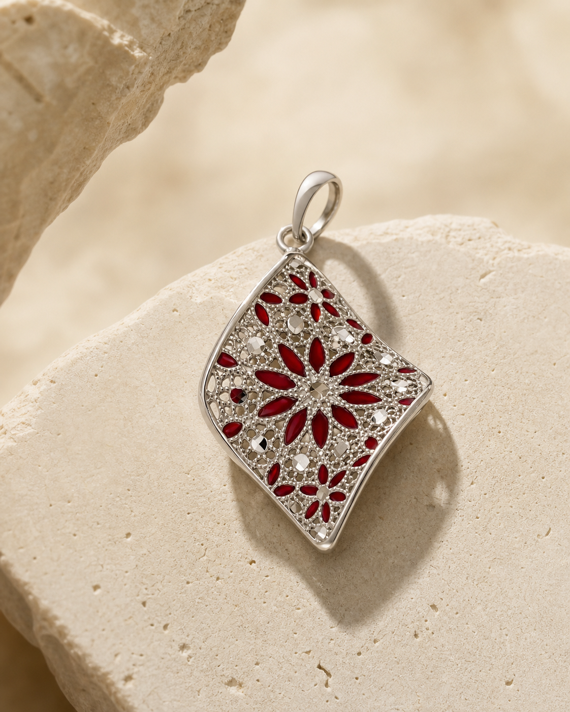 Pendente Round argento rosso su pietra